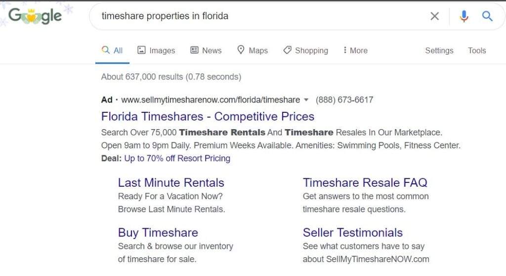 google timeshare search result