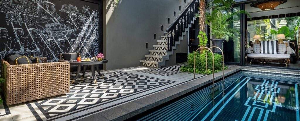 rectangular inside pool in front of steps
