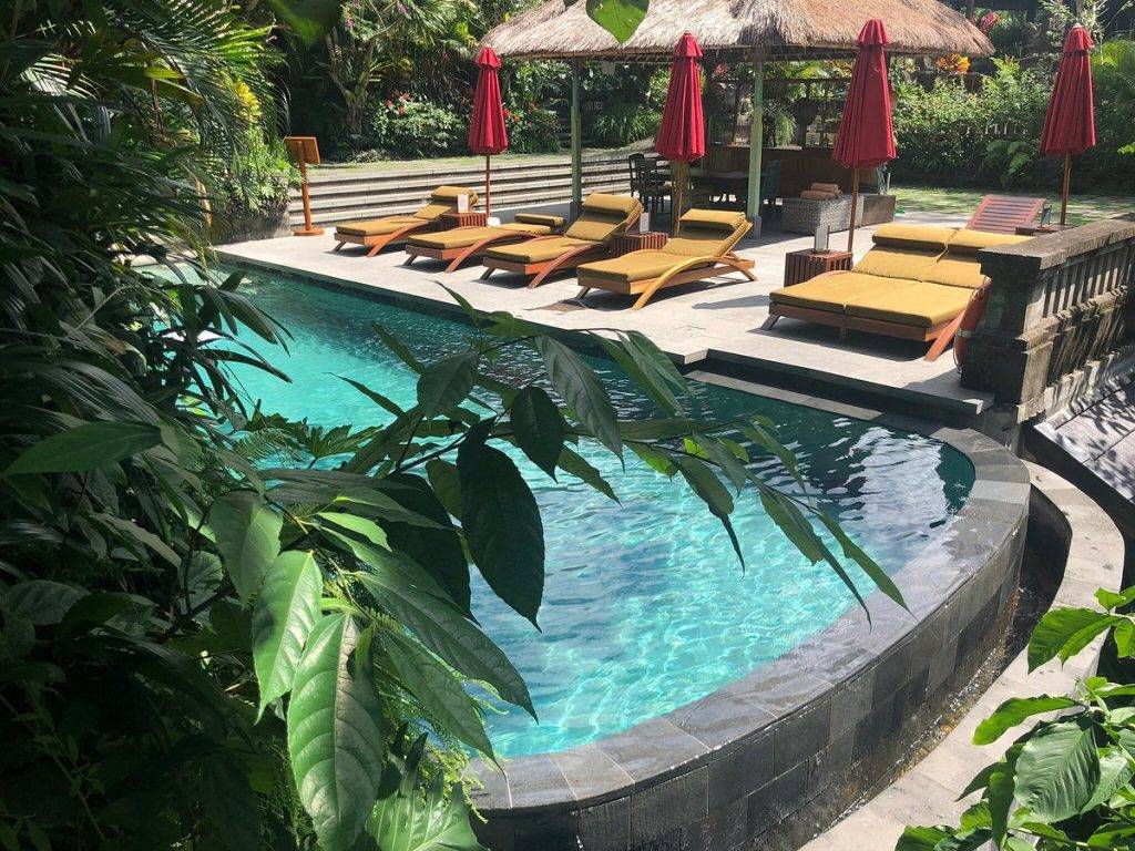 lounge chairs around tropical pool