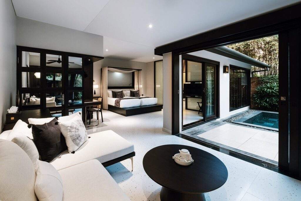 resort room with bed in background