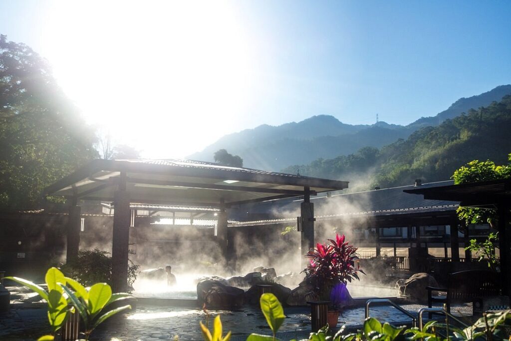 outdoor spa with mountains in background