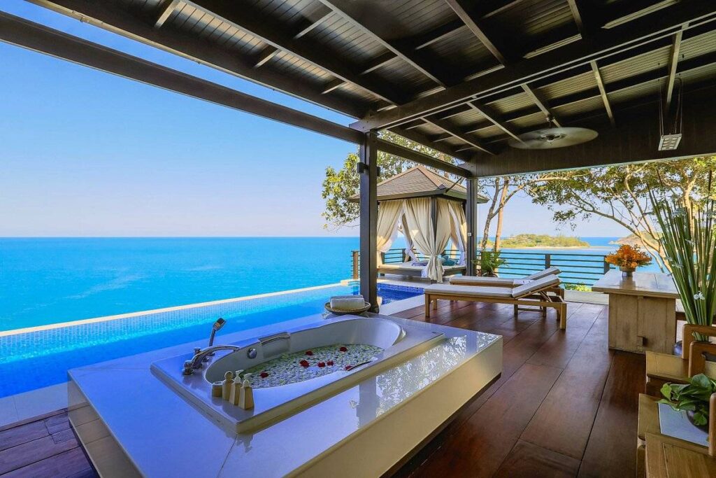 covered resort room patio with pool