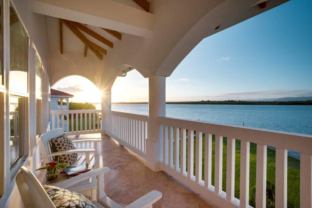 resort balcony at sunset