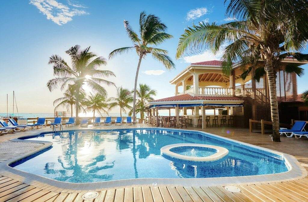 circular resort pool surrounded by palm trees