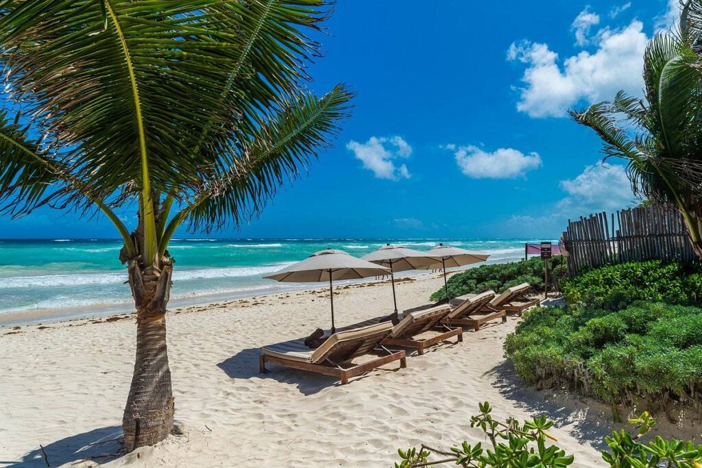 row of lounge chairs on beach
