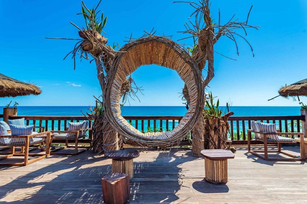 resort patio with circular sculpture