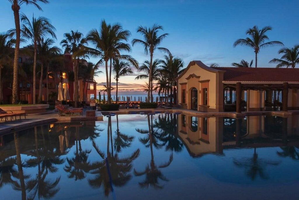 palm trees in front of pool at sunset