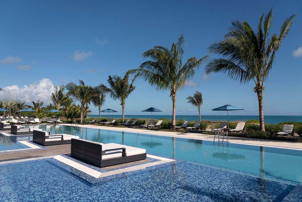 long tropical pool along ocean with palm trees