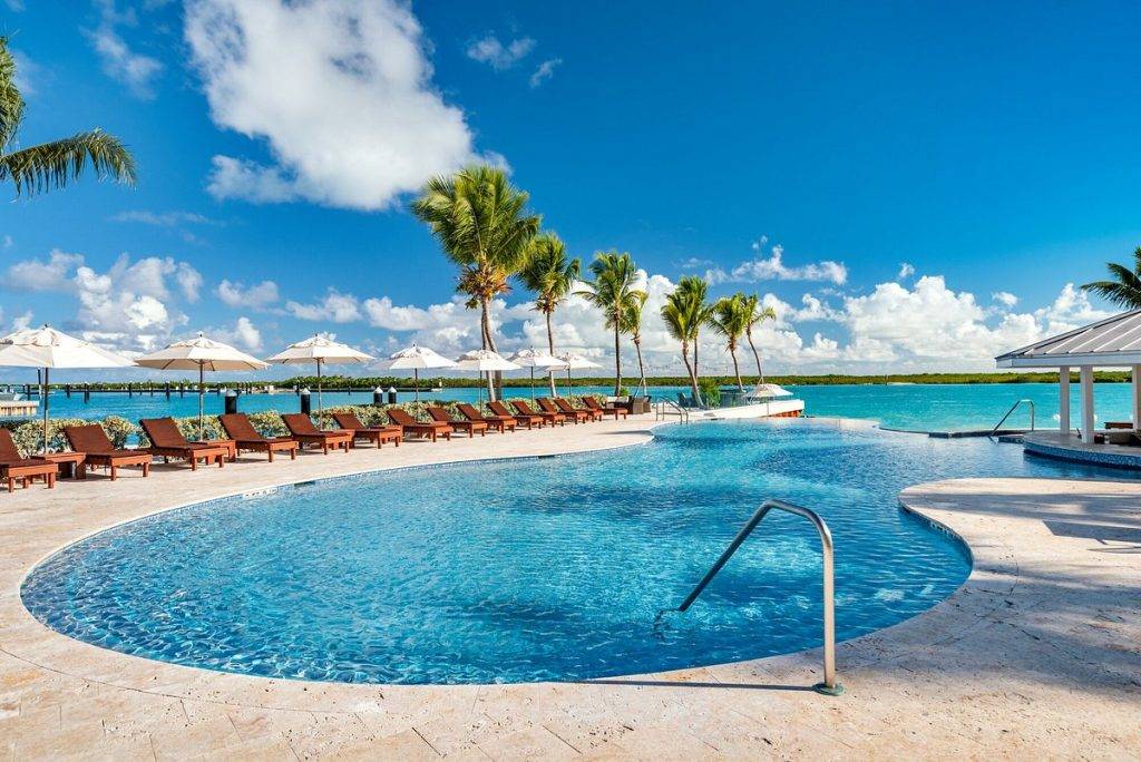 round tropical pool with palm trees at the beach