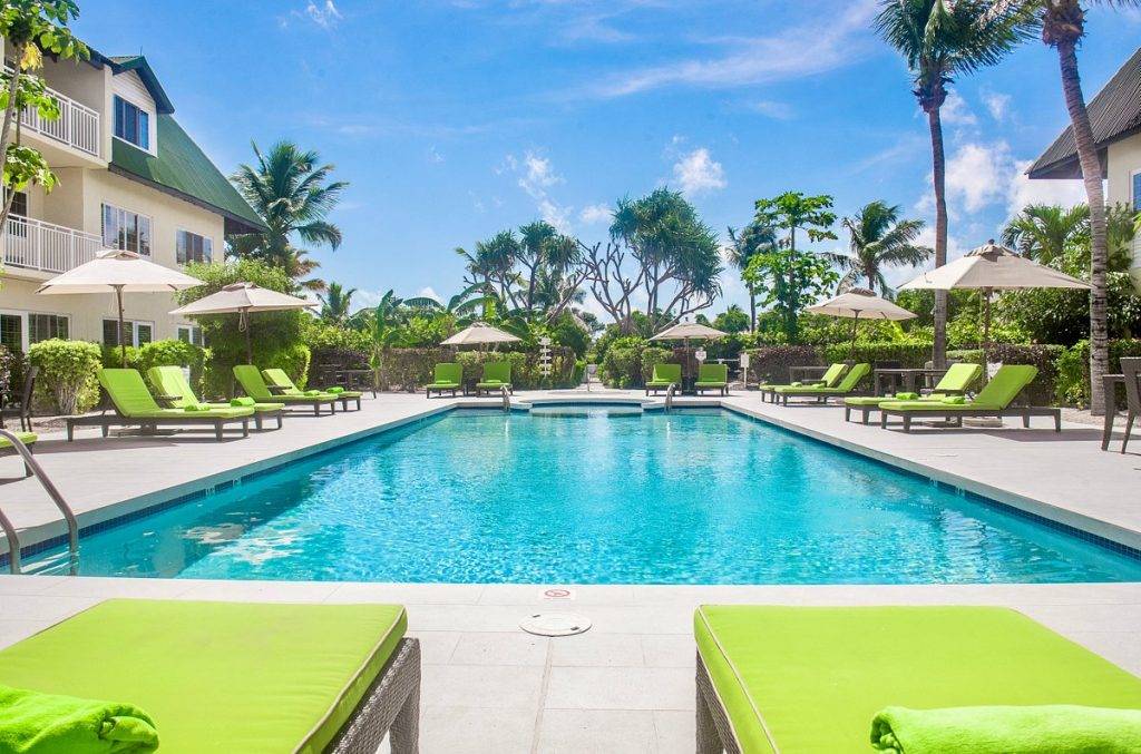 large rectangle resort pool surrounded by palm trees