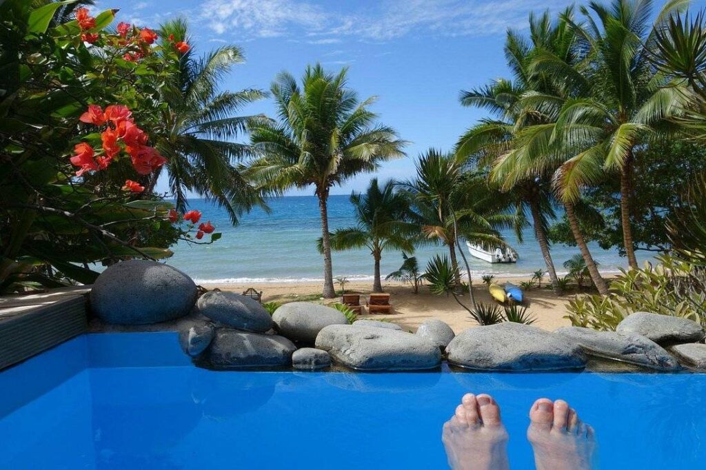 palm trees and ocean behind resort pool