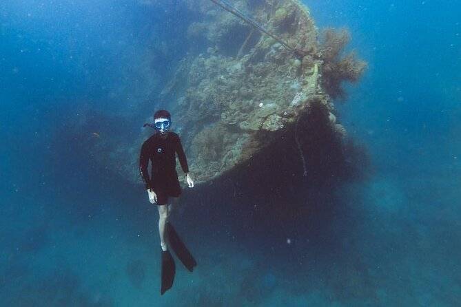man swimming next to underwater wreck