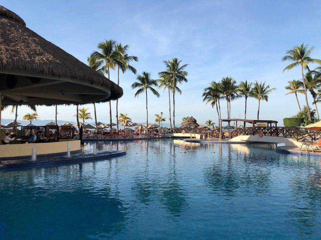 resort pool with palm trees