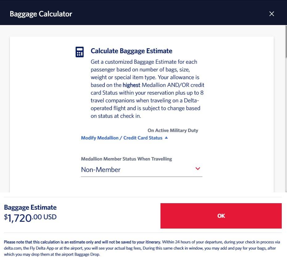 screenshot of delta airlines baggage fee
