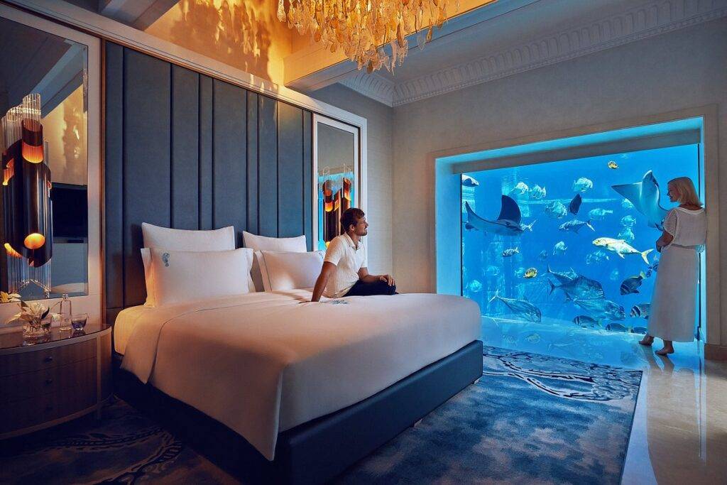 hotel bedroom with fish outside window