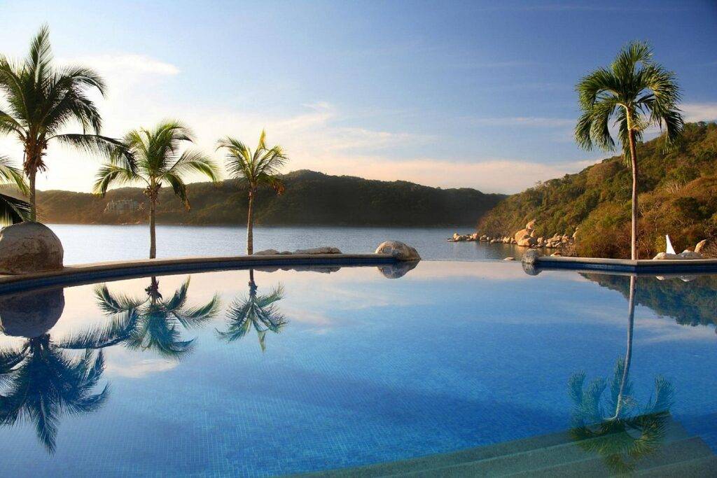 infinity pool with palm trees and mountain in background