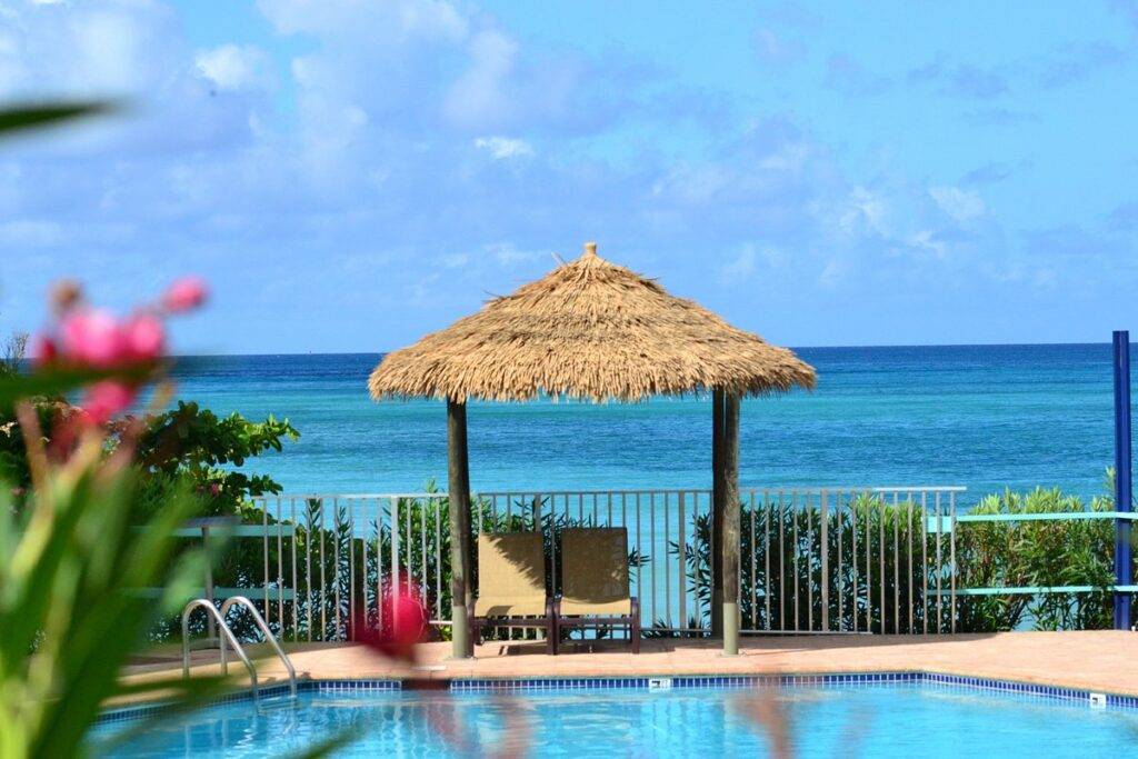 two chairs under thatched roof with pool
