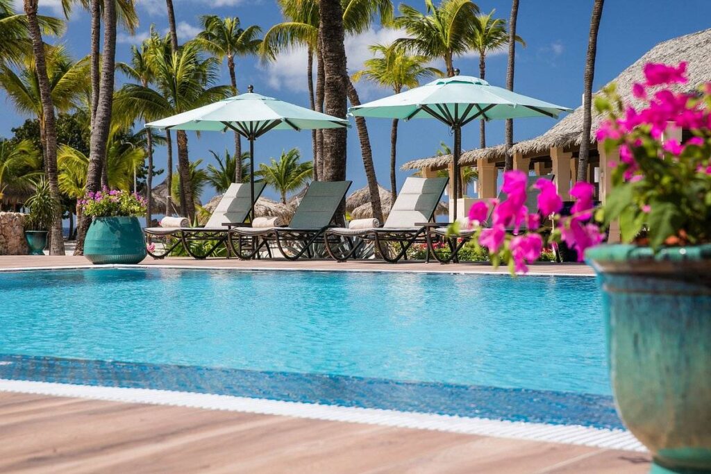 resort pool with lounge chairs umbrellas and red flowers