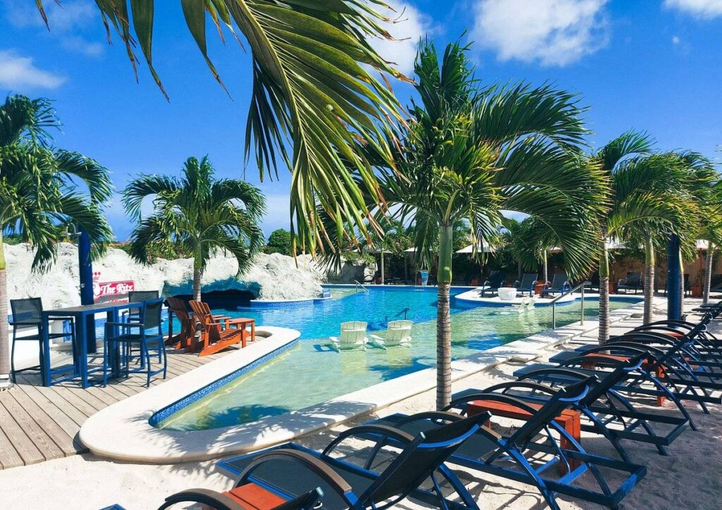 palm trees and lounge chairs surrounding pool