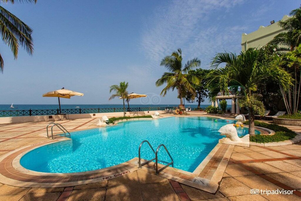 pool with palm trees at the ocean