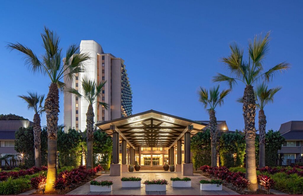 palm trees lining resort entrance