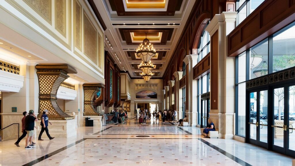 luxury hotel lobby with high windows