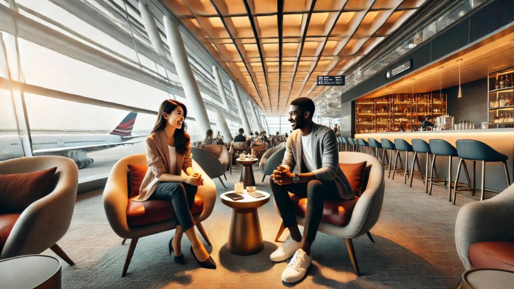 Asian woman and a Black man sitting in plush chairs in a brightly lit airport lounge, engaged in conversation