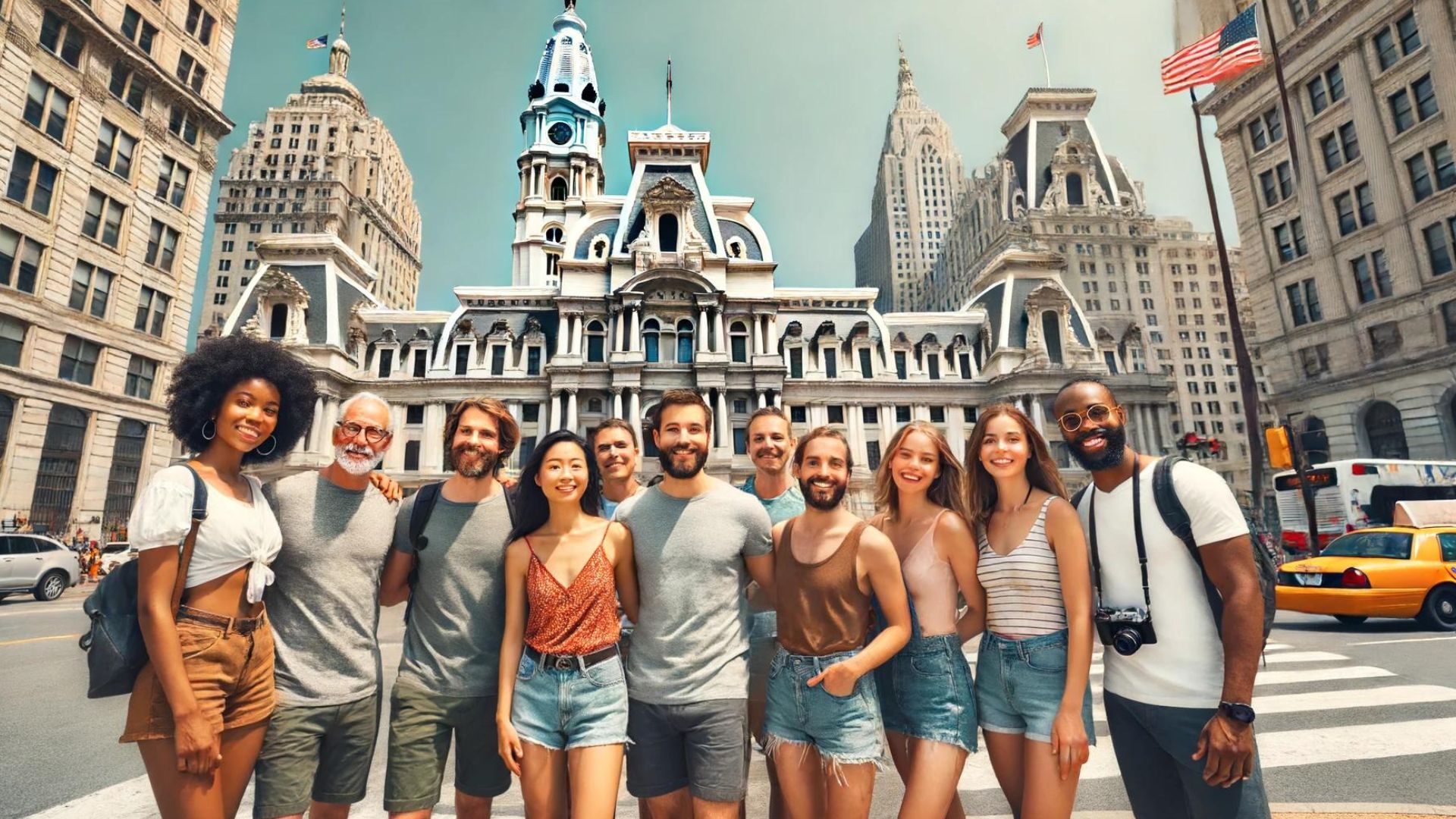 A group of tourists standing in front of Philadelphia City Hall. The group includes diverse individuals, both men and women, of various ages