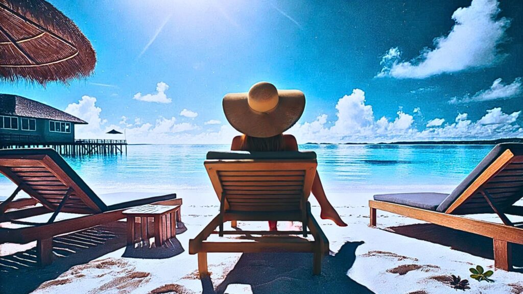 Woman sitting in a lounge chair on a beach with her legs crossed and wearing a big hat