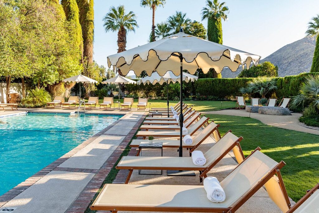 lounge chairs surrounding resort pool with tall trees