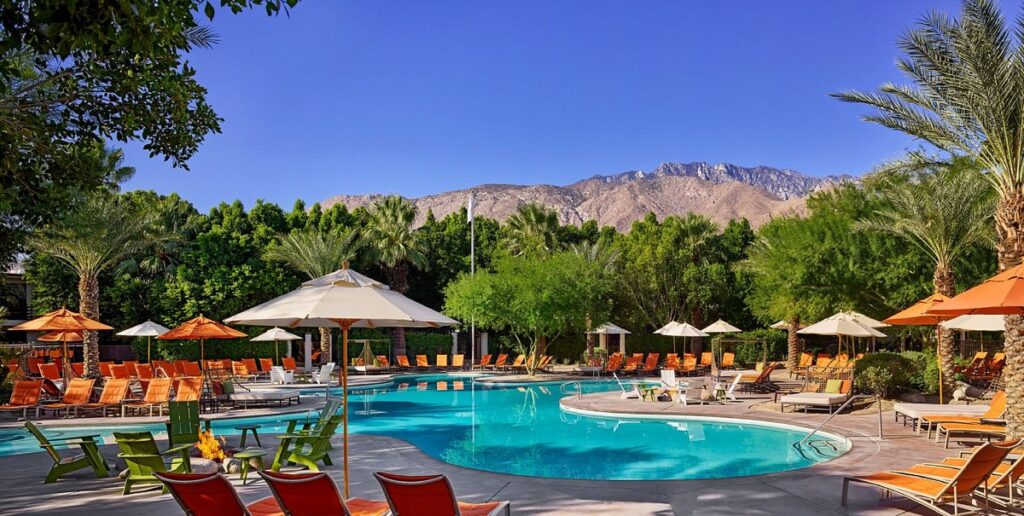 resort pool with mountains in background