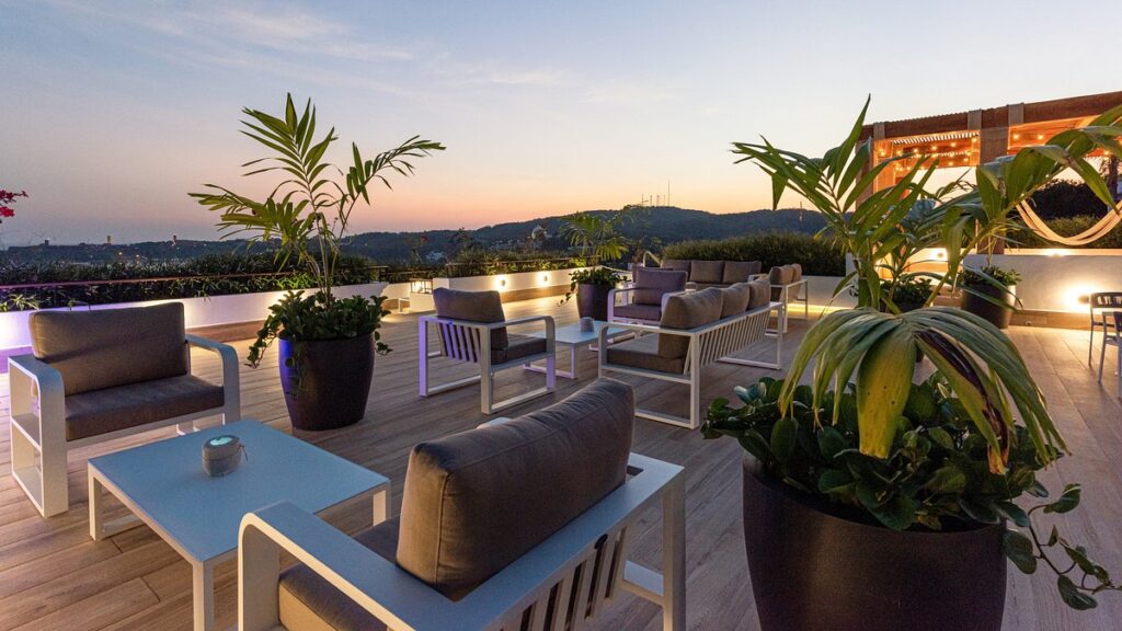 patio with comfortable seating at dusk
