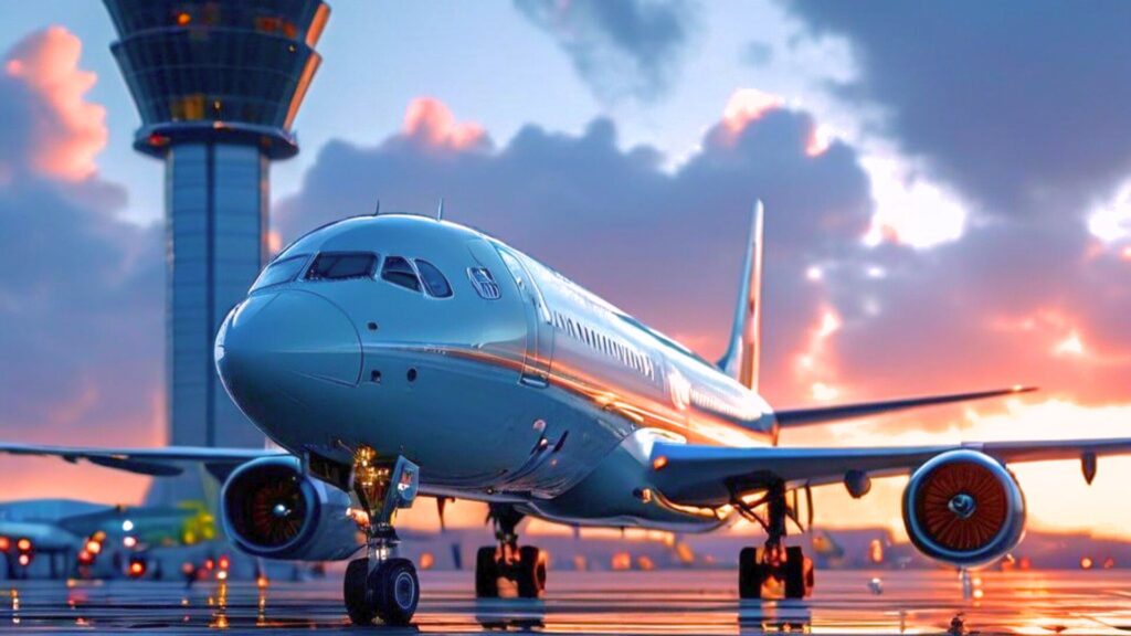 airplane with tower in background
