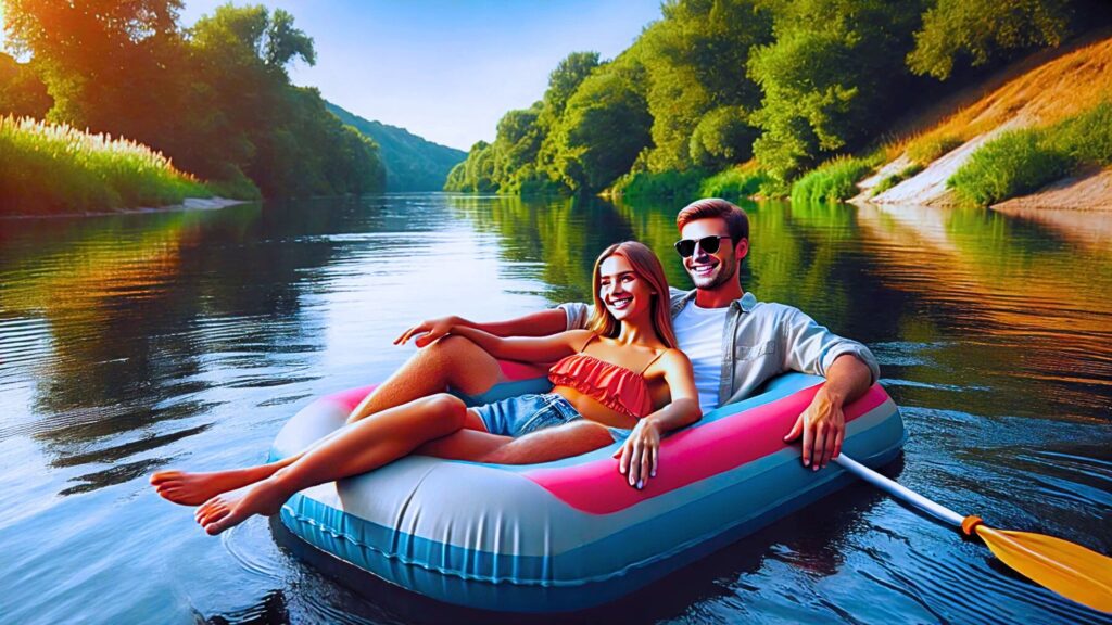 couple on vacation, floating in a large inflatable raft on a calm river. The raft is spacious and colorful, giving them plenty of room to relax.