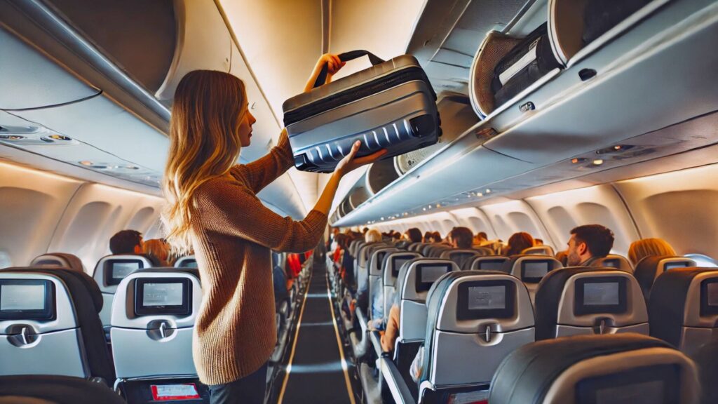 woman placing her carry on bag into the overhead bin of an airplane