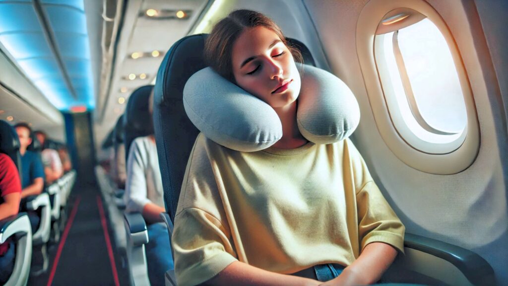 woman sleeping comfortably in an airplane seat, using a soft neck pillow for support. She is seated by the window, wearing casual travel clothes, an