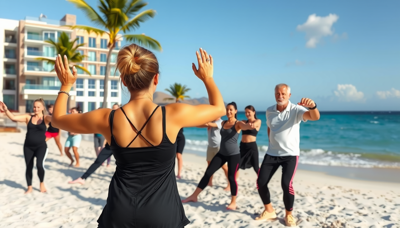 A group of people participating in an instructor led exercise class on a beautiful sandy beach