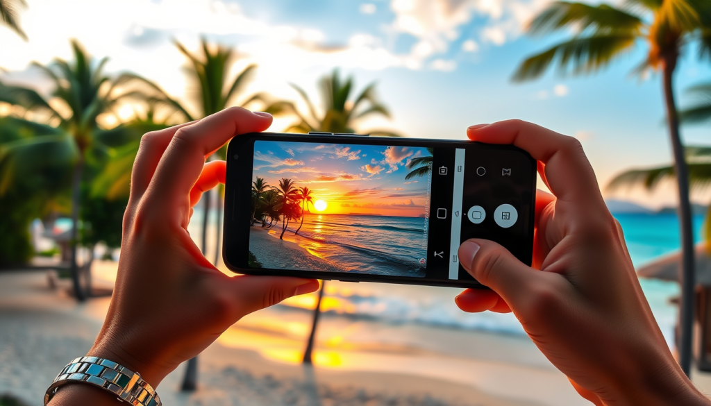 A beautiful resort setting with a person capturing a photo of a stunning sunset over the ocean