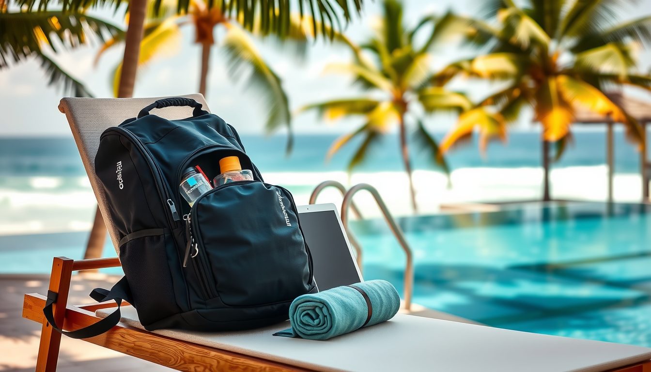 resort travel backpack with organized essentials by a poolside lounge chair