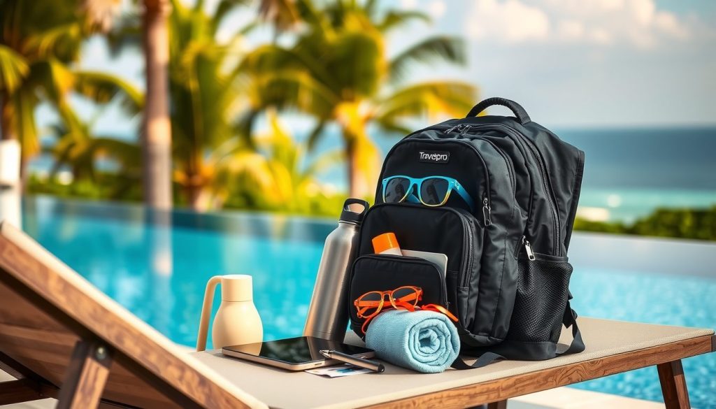 resort travel backpack with organized essentials by a poolside lounge chair