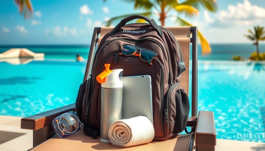 resort travel backpack with organized essentials by a poolside lounge chair