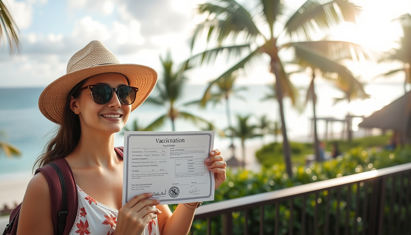 A traveler at a tropical resort holding a vaccination certificate with a calm and relaxed expression