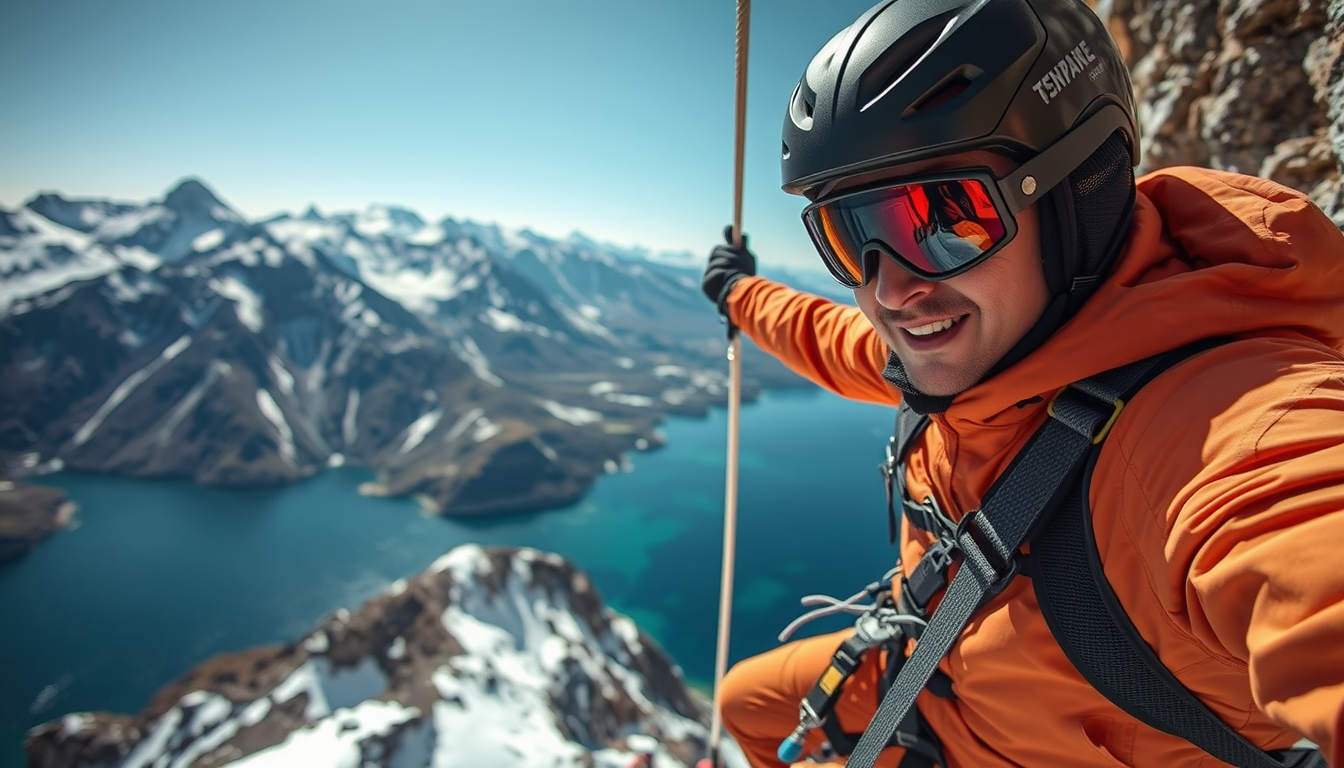 An action packed scene showing an adventurous traveler engaging in an extreme sport like skiing rock