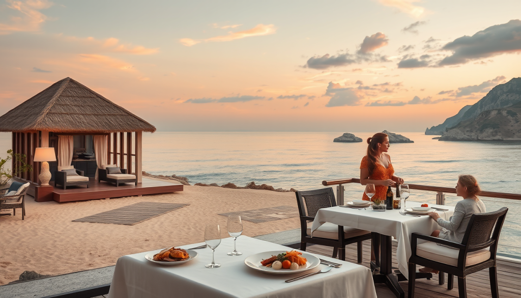 An elegant and serene luxury travel scene showing a peaceful boutique hotel on a remote beach
