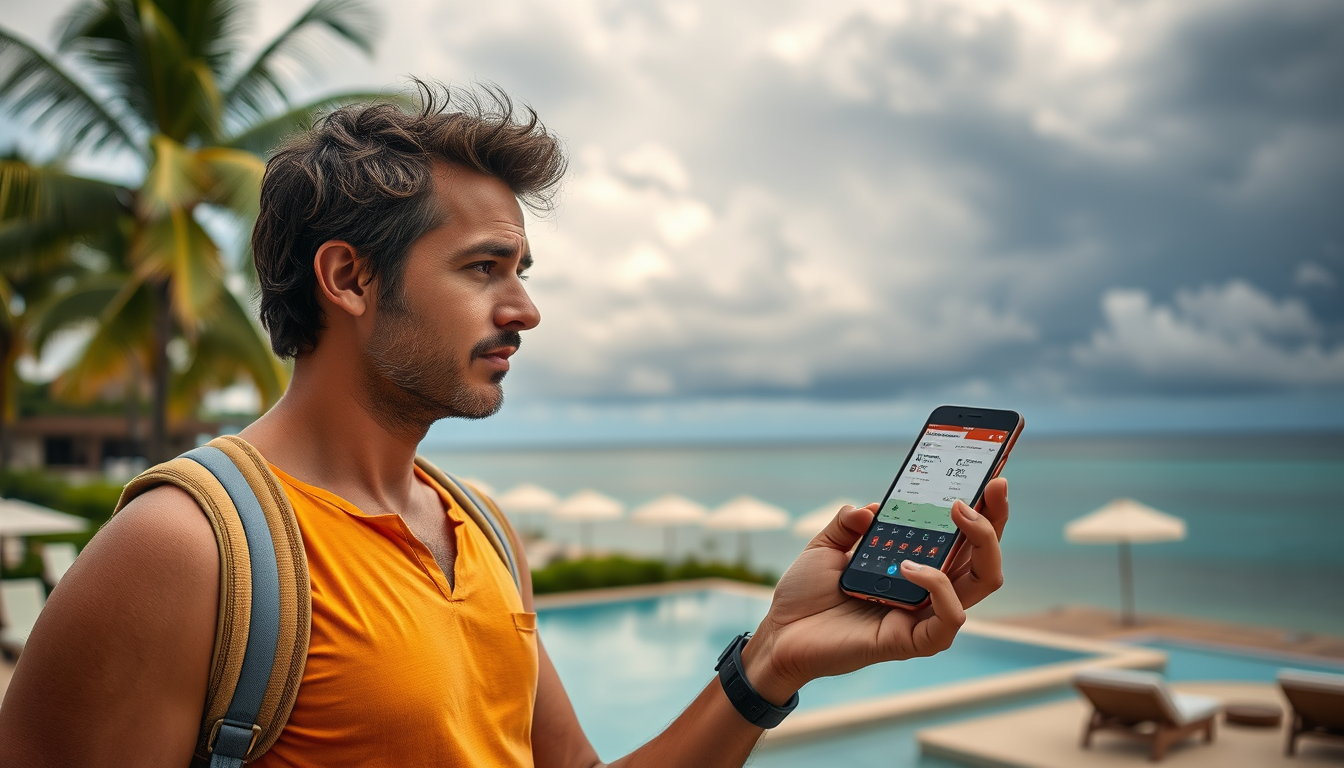 An image of a traveler looking concerned as they monitor weather conditions on their phone