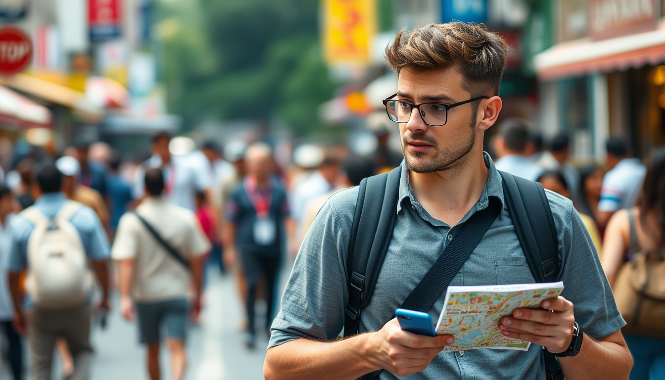 An image showing a cautious traveler in a bustling urban environment perhaps with a crowded street