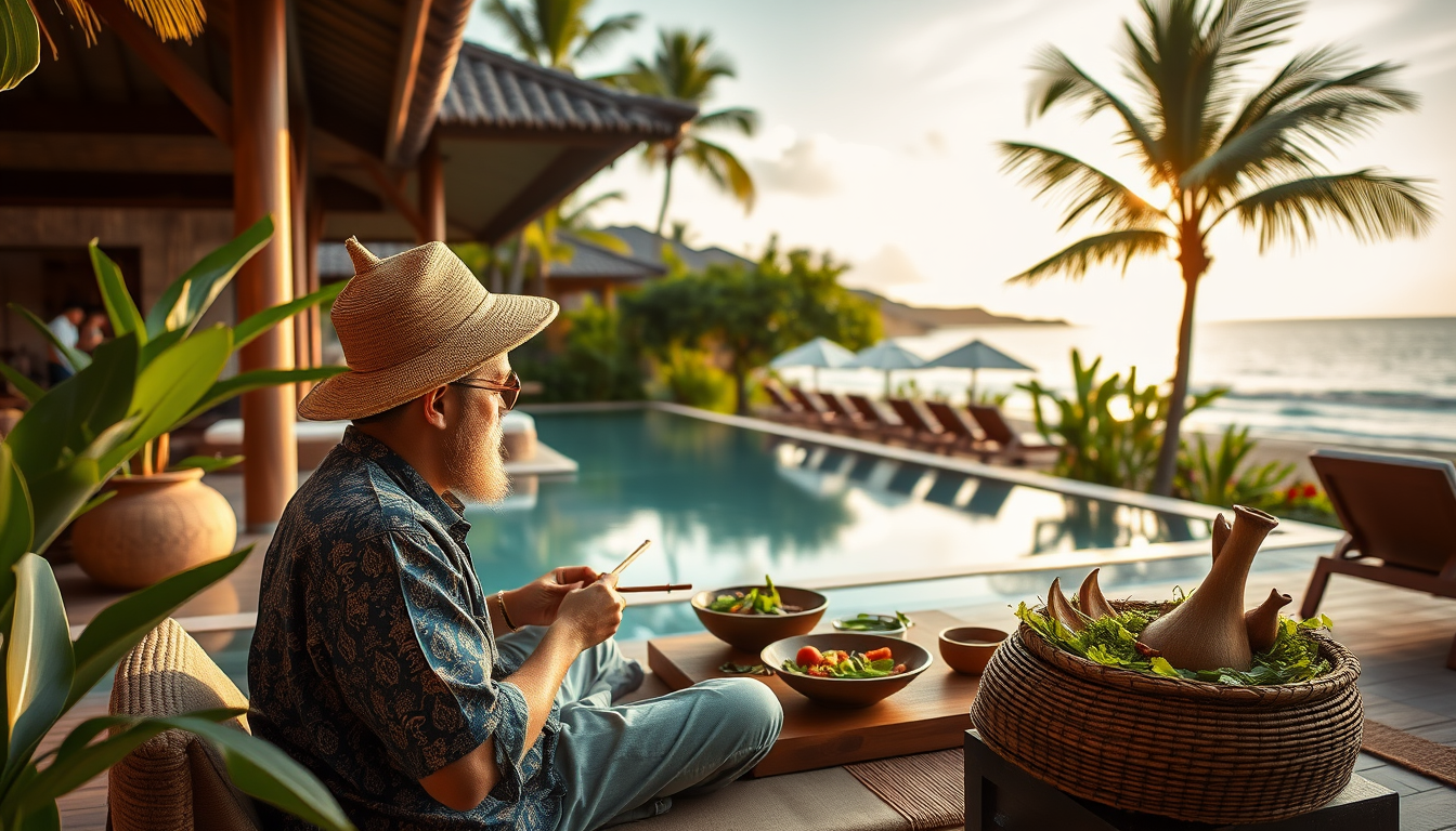 An individual at a resort enjoying a balance of cultural immersion and relaxation