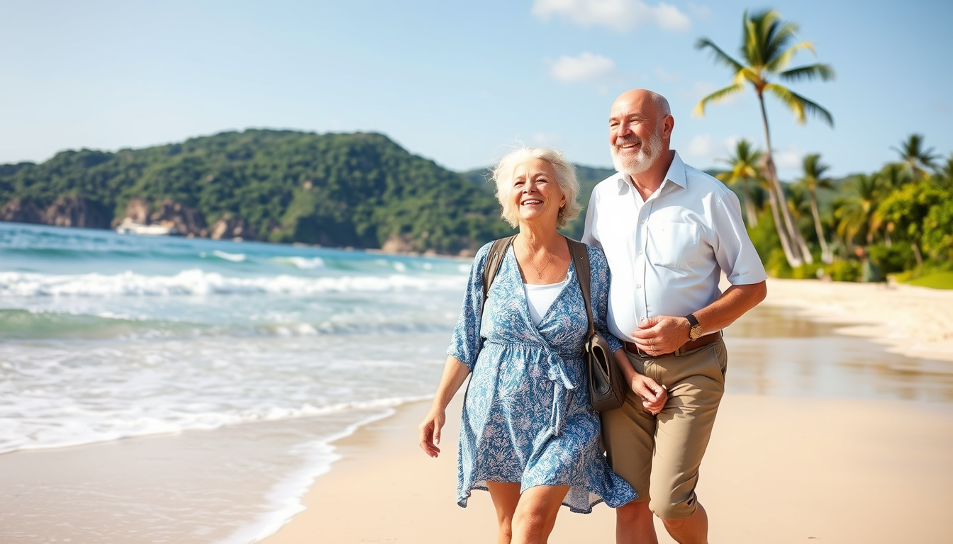 An older couple enjoying a scenic relaxing vacation at a resort with the man and woman smiling while walking on the beach