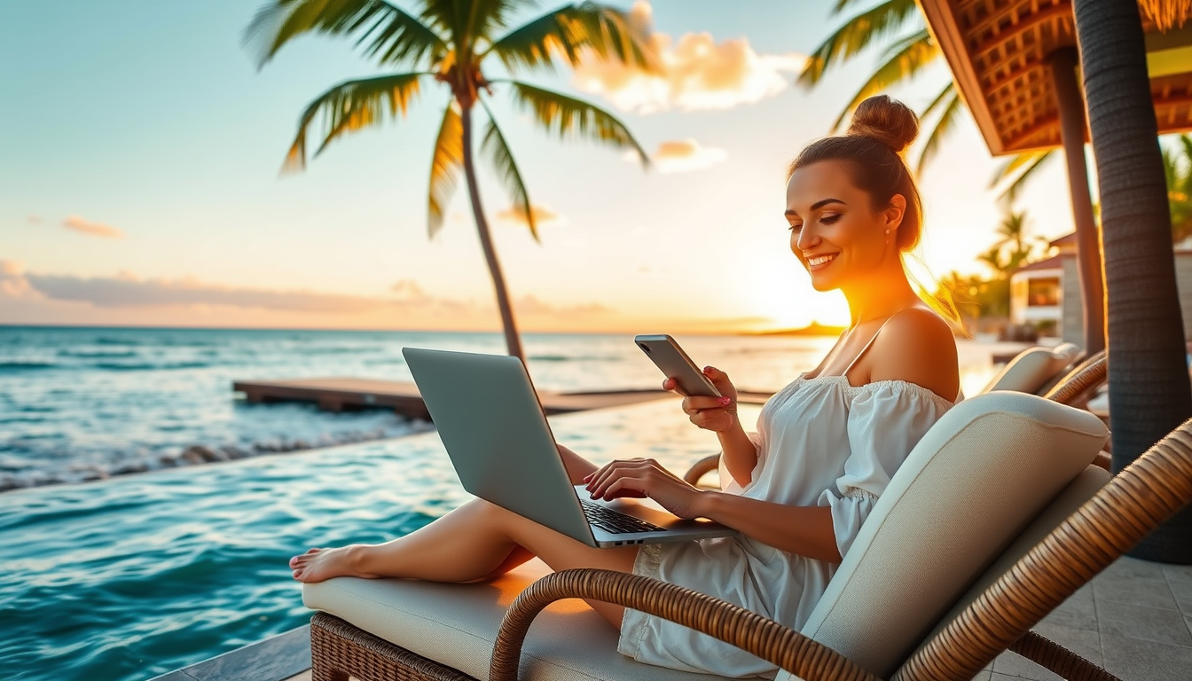 Create an image of a beautiful woman relaxing at a tropical resort sitting on a comfortable lounge chair