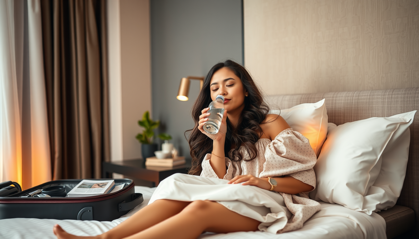 an image of a beautiful curvy woman with long luxurious hair sitting on a comfortable hotel bed